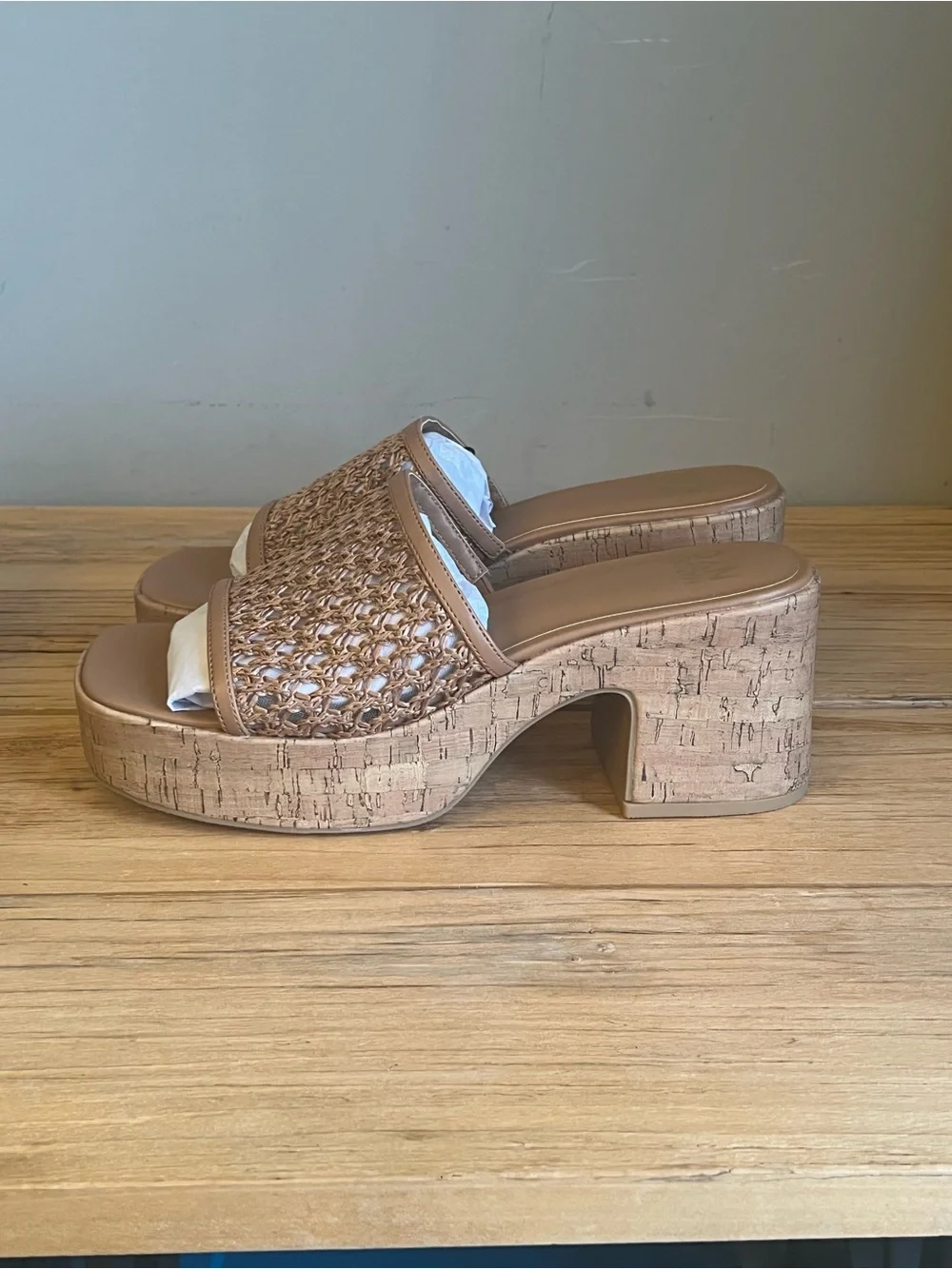 Madden NYC Tan Woven Platform Cork Slide Sandals-NIB
